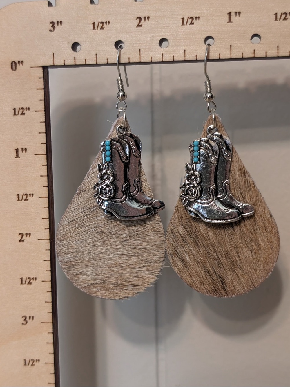 Cowgirl Teardrop Hair-On Hide Earrings with Silver Boot Charms Handmade
